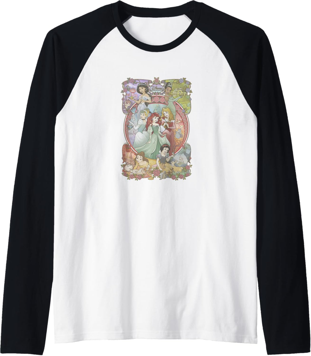Disney Princess Group Shot Stained Glass Background Raglan