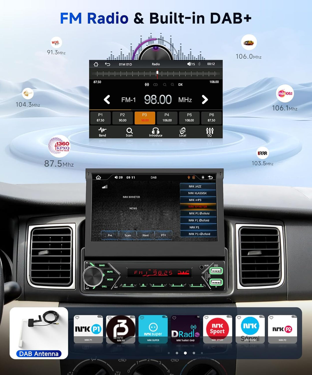 Hodozzy DAB Autoradio 1 Din Wireless Carplay Android Auto mit Automatisch Einziehbarem 7 Zoll Bildsc