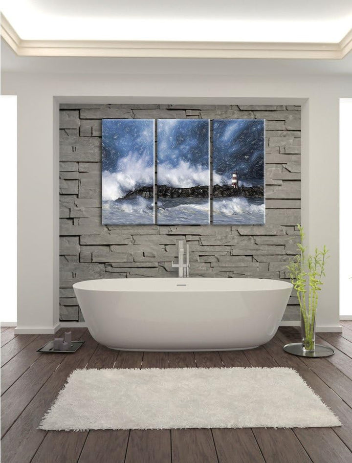 Pixxprint Tobendes Meer mit Leuchtturm als Leinwandbild/Grösse: 3 Teilig (120x80) cm/Wandbild/Kunstd