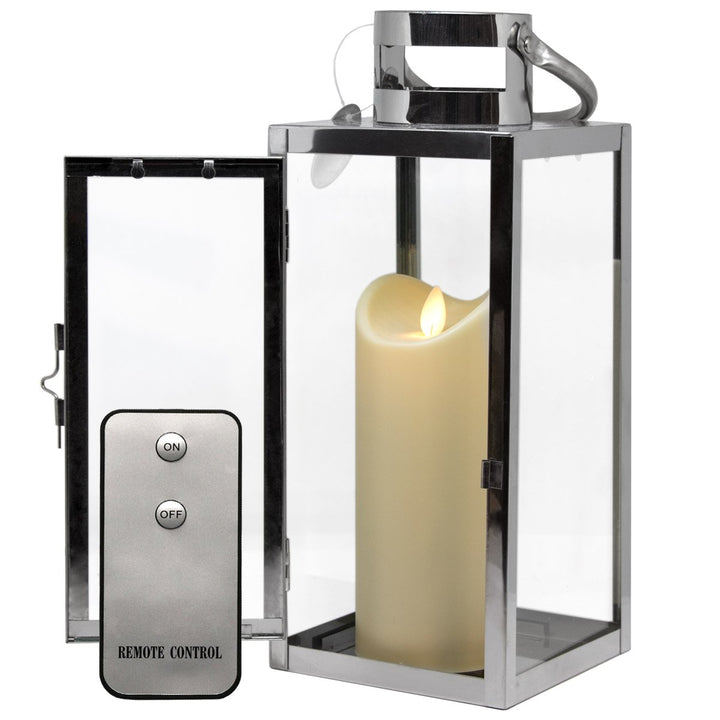 Dekovita Edelstahl-Laterne - 30cm Gartenlaterne inkl. 18cm Outdoor LED Kerze in Creme-Weiss mit Time
