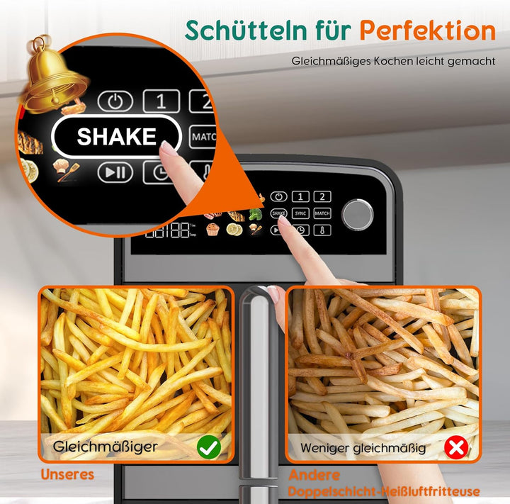 10L Double Stack XL airfryer Heissluftfritteuse | 2400W heissluftfritteuse 2 kammern | Gleichmässige
