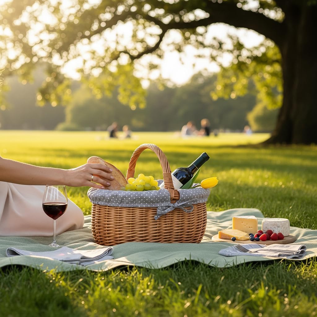 Creative Home Grosser Picknickkorb mit Stoffeinlage Grau mit Pünktchen Weidenkorb mit Henkel | Einka