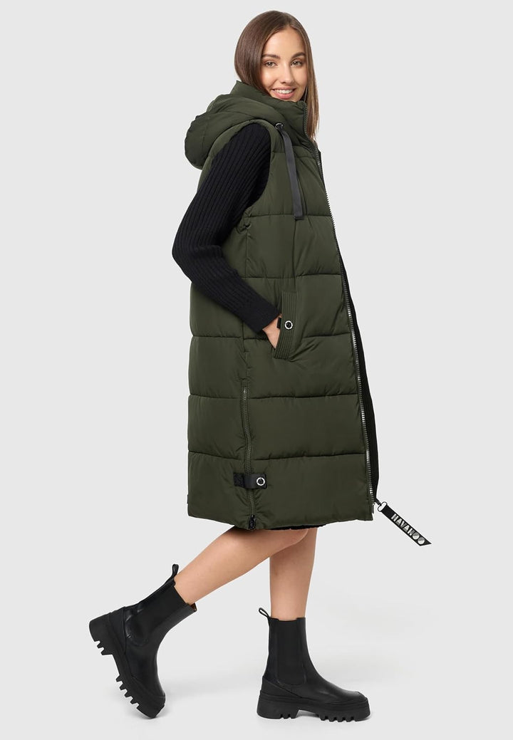 Navahoo Damen ärmellose Lange Outdoorweste warme Winterjacke Schnuffelchen XS-3XL XS Dark Olive, XS