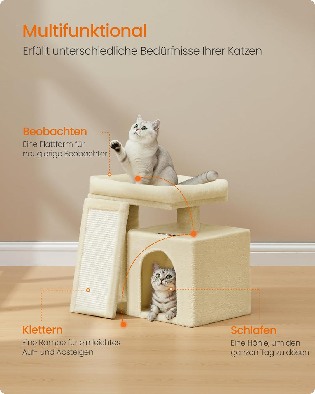 Feandrea Kratzbaum klein, Katzenbaum mit Kratzrampe und grosser Plattform, Katzenkratzbaum mit Höhle