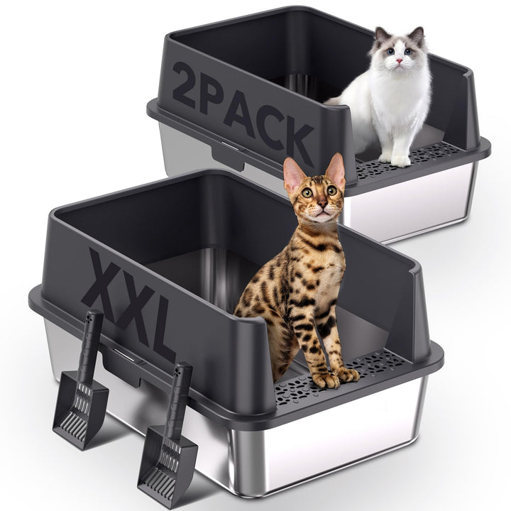 2er Set XXL Katzenklo Edelstahl 60×40×30 cm (37 L) – hoher Rand offene Katzentoilette Edelstahl für