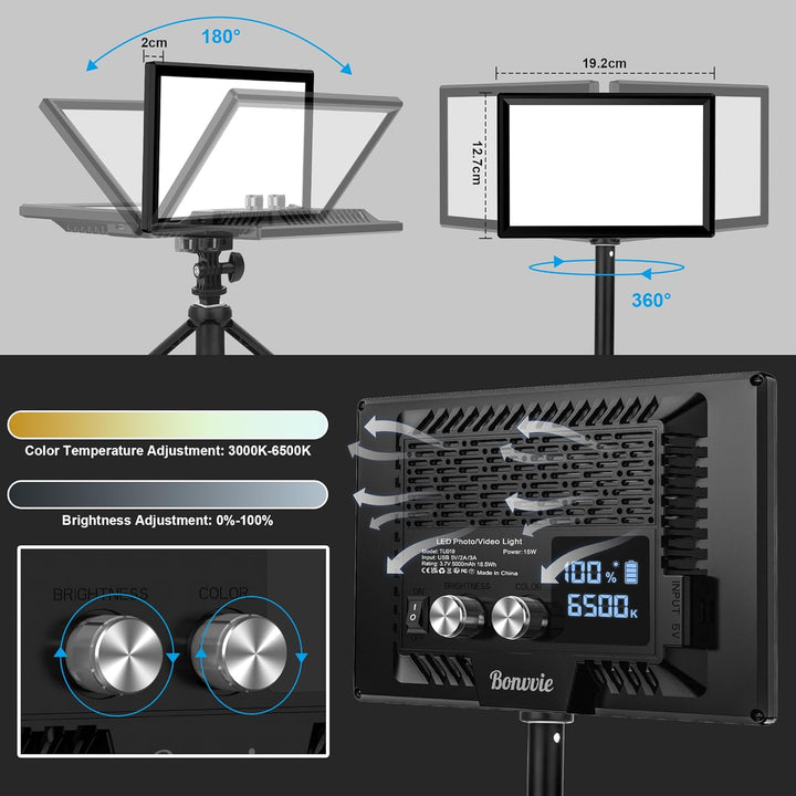 Bonvvie LED Video Dauerlicht Kit, 3000-6500K Fotolicht für Studio & Outdoor Fotografie, Vlog, Videok