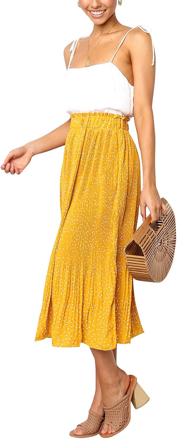 Hoerev Frauen Print Punkt mit Taschen Falten Langer Rock Beach Party Maxi Rock S Gelb Punkt, S Gelb