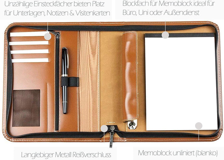 DELMON VARONE - Personalisierbare Ringbuch Schreibmappe DIN A5 aus Cambridge Top Grain Leder braun,