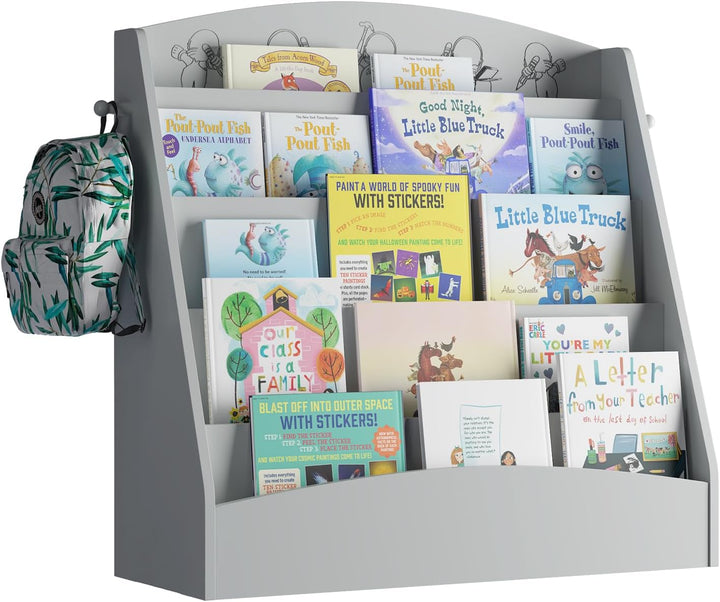 KEEPREAPER Kinder Bücherregal mit 5 offenen Fächern und Haken, Kinderregal Holz, Montessori Aufbewah
