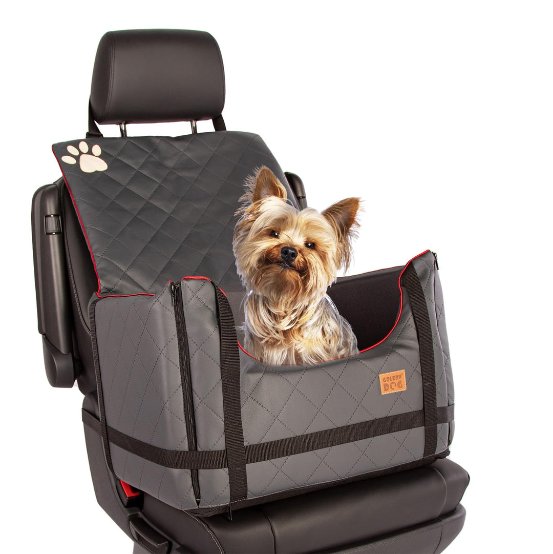 Golden Dog - Transportbox Hund mit Sicherheitsgurt S-45x35x33 cm - Leder Imitation Autositz Hund, Wa