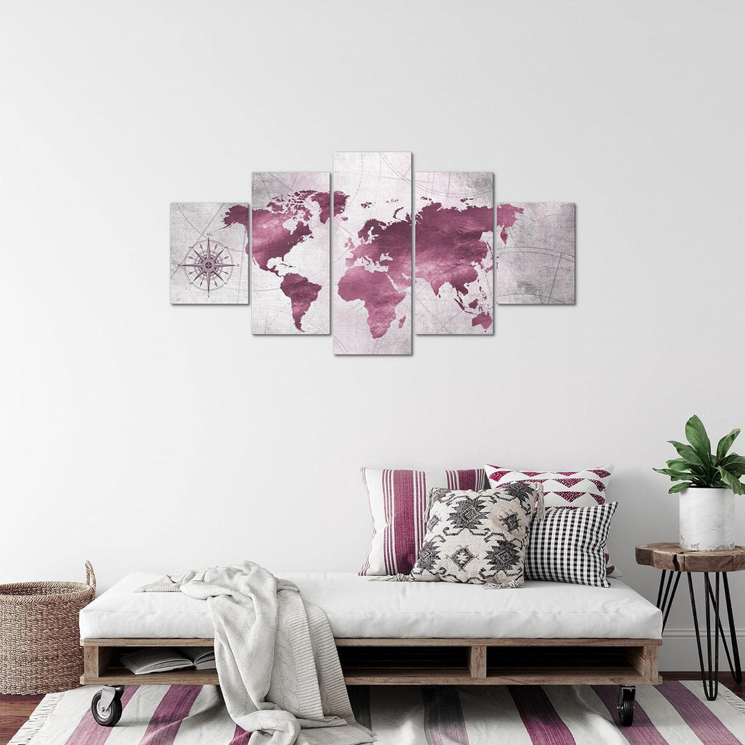 Runa Art Bild Büro Wohnzimmer Weltkarte 5 Teilig Vintage Antik Pink Wandbilder auf Vlies Leinwand 02