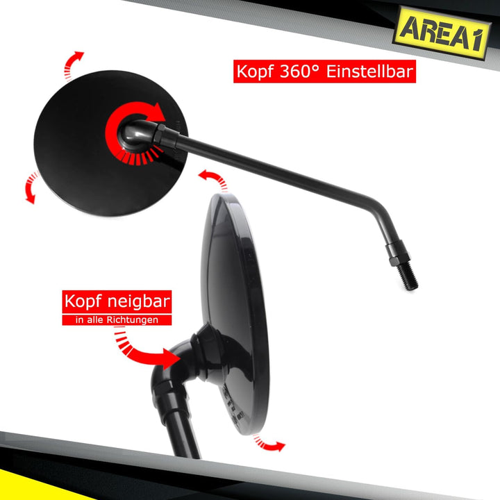 Area1 Universal Motorrad Rückspiegel Paar e-geprüft 2xM10 Rechtsgewinde + 5Adapter, Spiegel kompatib