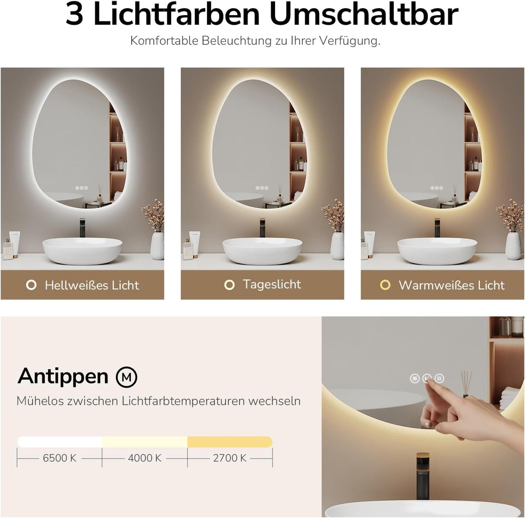 EMKE Spiegel mit Beleuchtung Asymmetrischer LED Badspiegel 75 x 55 cm Touch-Schalter, 3 Lichtfarben