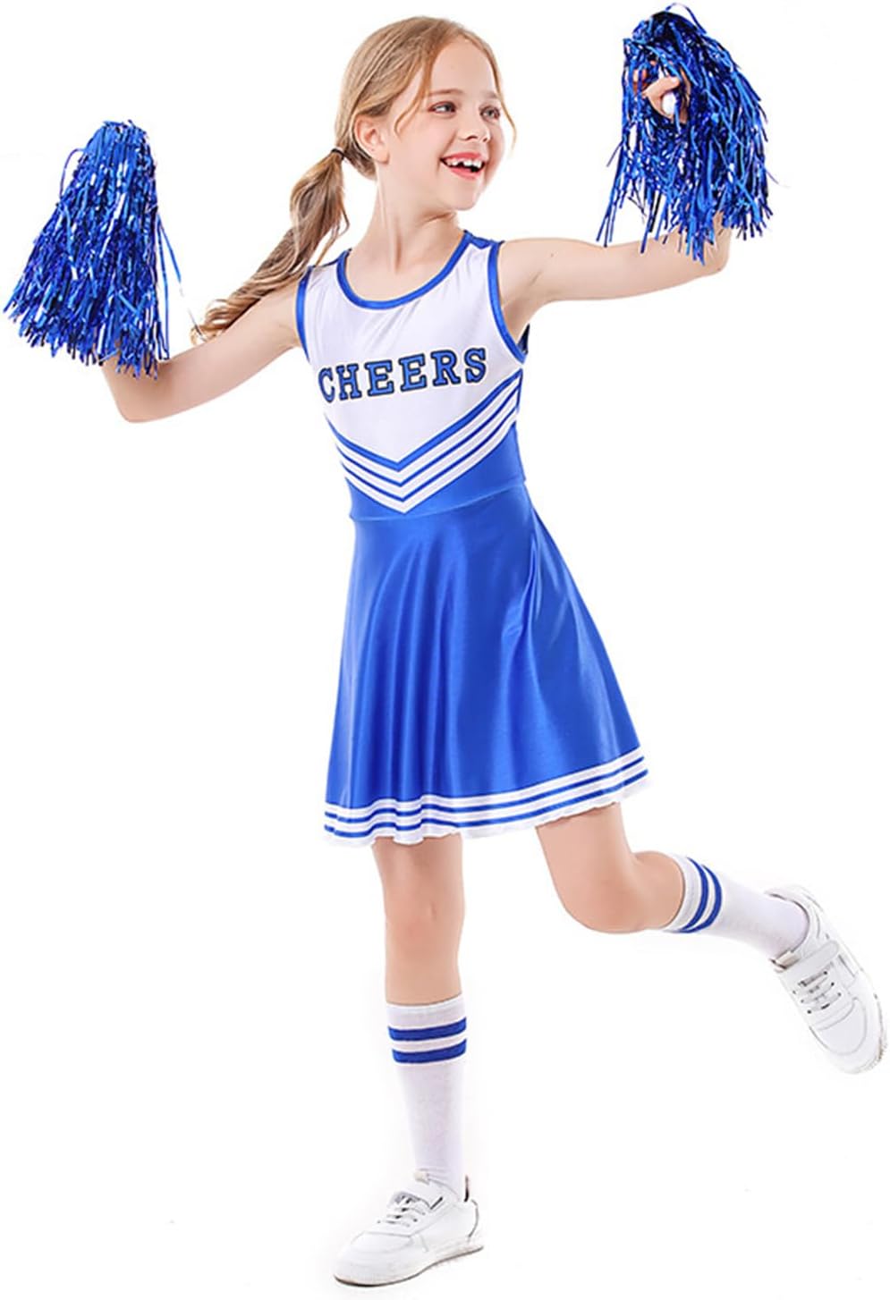 LOLANTA Cheerleader Kostüm Kinder, Cheerleadering Outfit Mädchen mit Pompons 5-6 Jahre Blau, 5-6 Jah