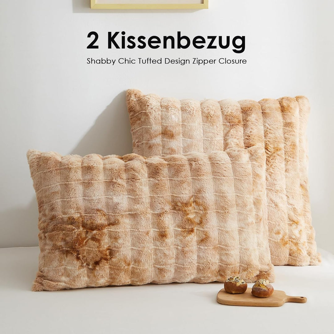 Freyamy Winter Bettwäsche 200x200 3tlg Braun Beige Gestreift,Warm Plüsch Langhaar Flauschig Bettwäsc