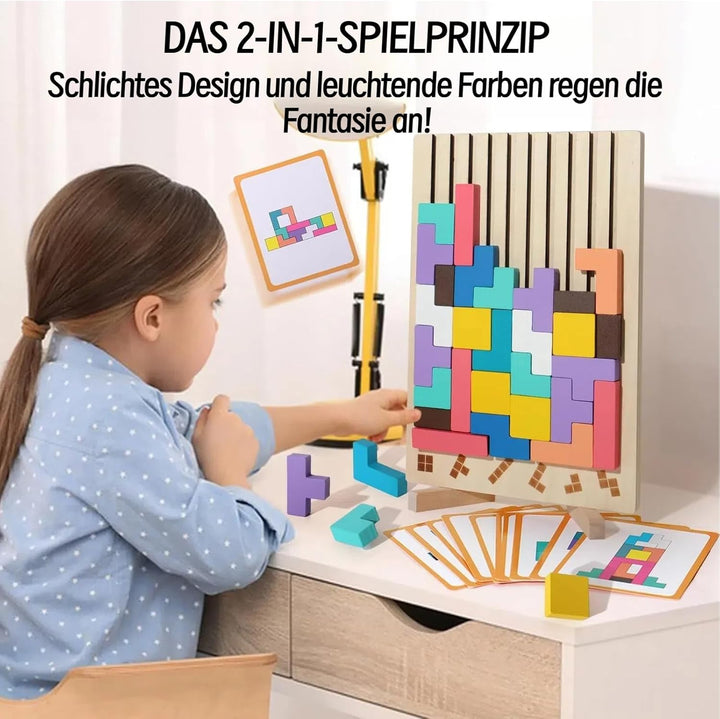 Tetris Holzpuzzle Kinder, Holz Tetris Stapelpuzzle Spielzeug mit 10 Karten, 3D Bunt Tetris Blöcke St