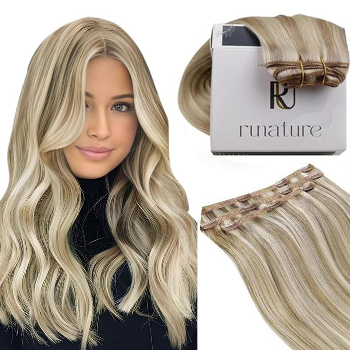 RUNATURE Echthaar Extensions Clip in Aschbraun mit Platinblond Extensions Clip in Gunstig Echthaar S