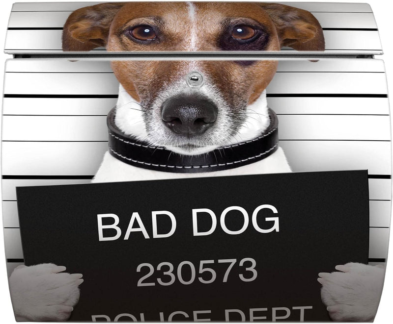 banjado® Burgwächter® Briefkasten weiss aus Stahl mit Motiv Bad Dog J. Russel/Briefkasten ohne Zeitu