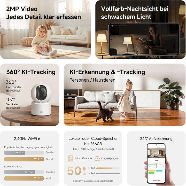 XIAOMI C201 Überwachungskamera Innen 1080p HD, 360° Kamera Überwachung Innen, Personen-/Haustiererke