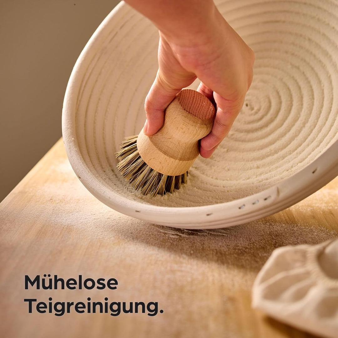 Praknu Gärkorb zum Brotbacken 2er Set - Aus nachhaltigem Rattan - Rund - 30cm - Set inkl. Bürste, Le