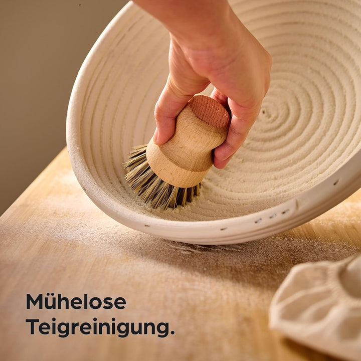 Praknu Gärkorb zum Brotbacken 2er Set - Aus nachhaltigem Rattan - Rund - 30cm - Set inkl. Bürste, Le