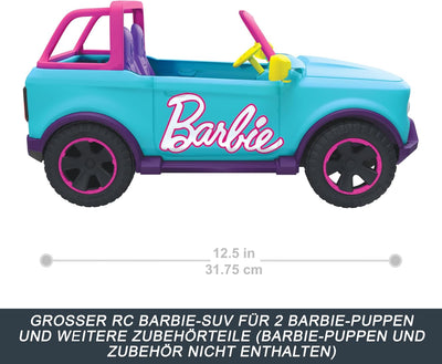 Hot Wheels Ferngesteuertes Auto, Barbie Ferngesteuerter SUV mit Aufklebern, kann 2 Barbie-Puppen Plu