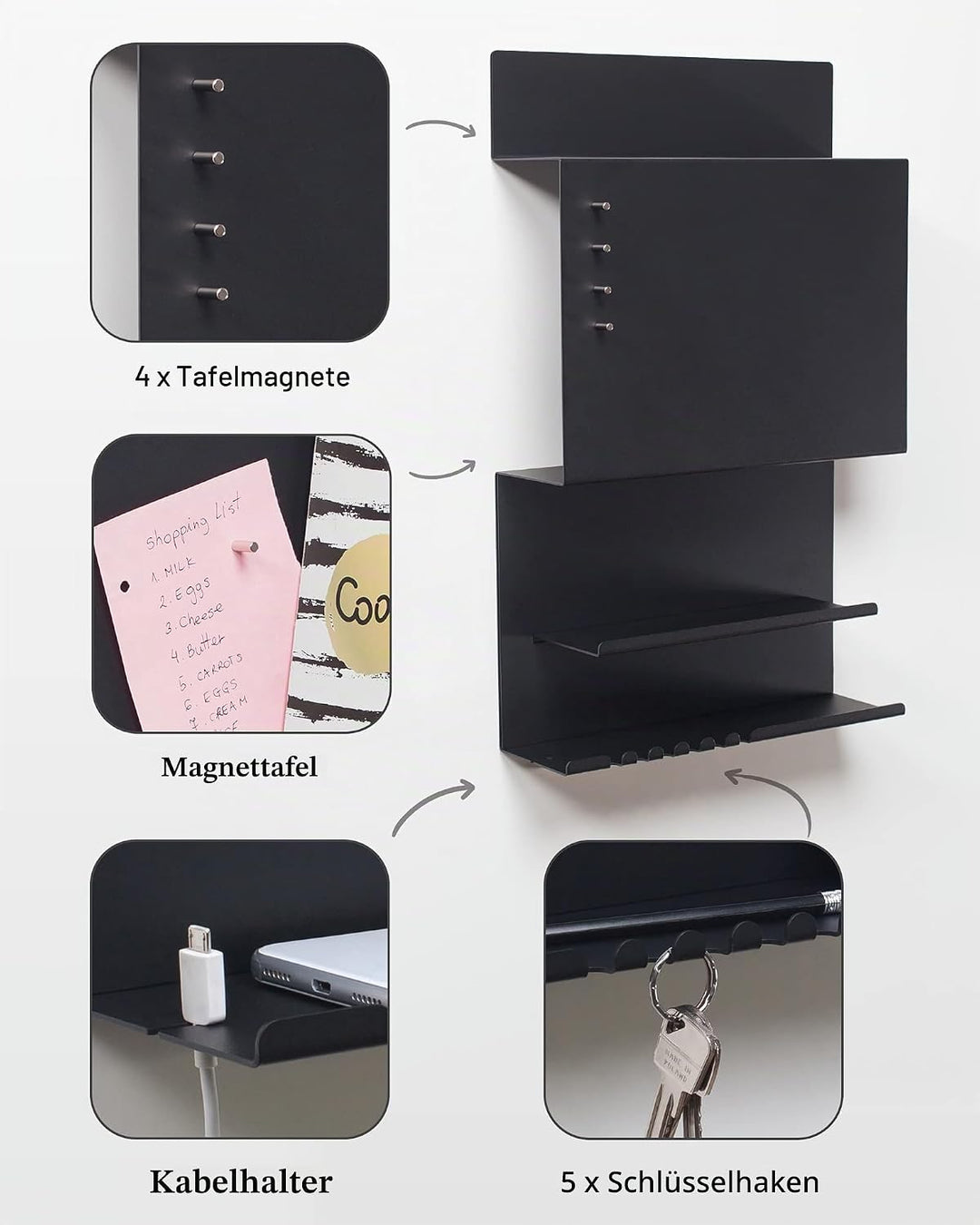 byde Wandorganizer Hepe aus Stahlstruktur. 30 x 9 x 49 cm 3-in-1 Wandregal mit Magnettafel und Magne