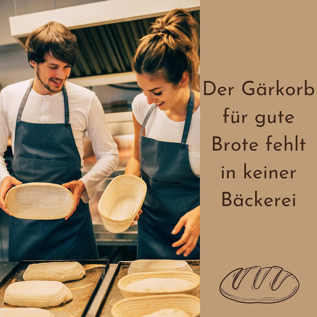 Gärkorb 2er Set + Teigschaber, 2 Gärkörbe für Brot und Brotteig - Peddigrohr (oval, 28 und 35 cm) mi