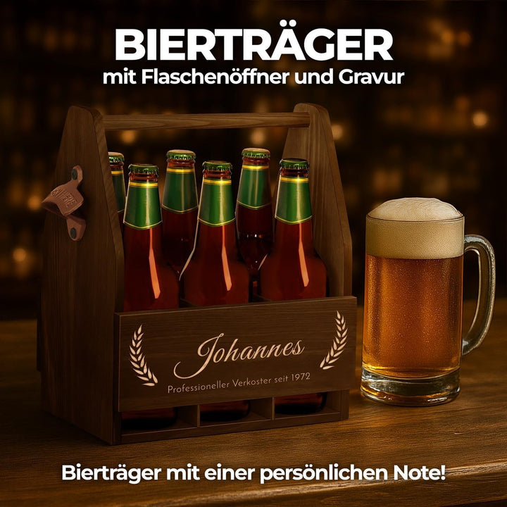 Maverton Bierträger für 6 Flaschen 0,5L + Gravur - Männerhandtasche mit Flaschenöffner - Grösse: 25x