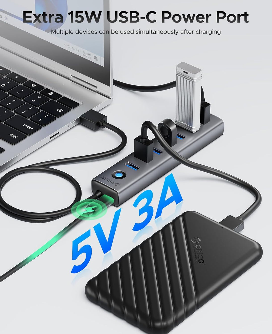 ORICO 7-Port USB-Hub - Aluminium USB Verteiler mit 100 cm Kabel, USB 3.0 5Gbps Datenrate, 5V 3A Type
