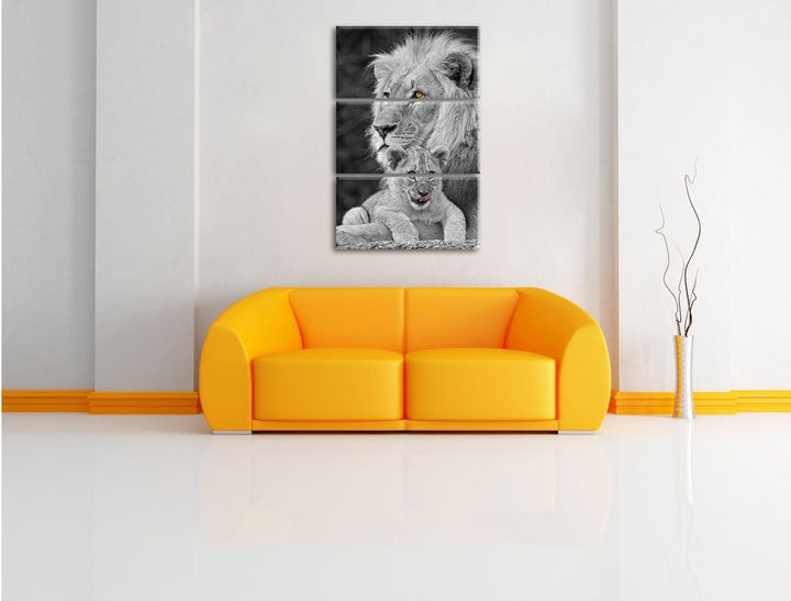 Pixxprint Löwe kuschelt mit Jungtier als Leinwandbild/Grösse: 3 Teilig (120x80) cm/Wandbild/Kunstdru