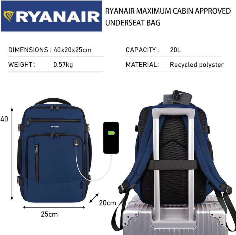 ECOHUB Rucksack 40x20x25 für Ryanair Flugzeug Reiserucksack Handgepäck Gepäck Laptop Daypacks PET-Re