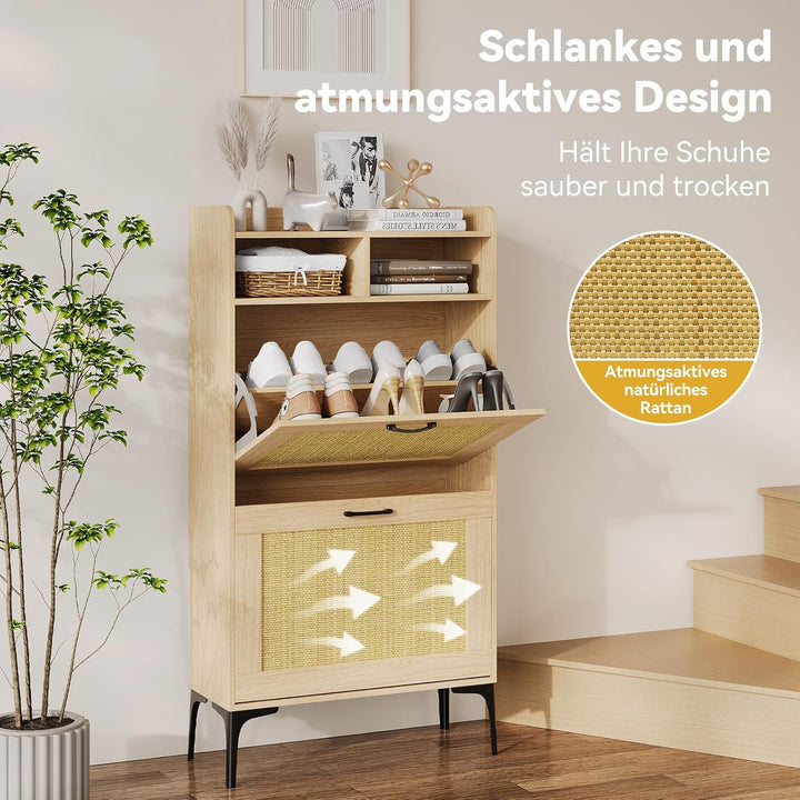 Dripex Schuhschrank schmal, Schuhkipper mit Rattan-Dekor, 2 Flip-Schubladen,Schuhregal schmal mit Me