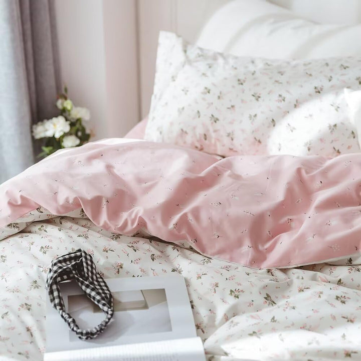 VCLIFE Queen-Bettwäsche-Set aus Baumwolle, Rosa/Weiss, Blumenmuster, Bettbezüge mit Reissverschluss,