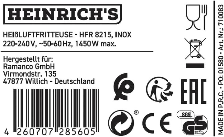 HEINRICHS Heissluftfritteuse, 5 Liter XL Air Fryer, 12in1 Heissluftfritteuse, LED-Display mit Sensor