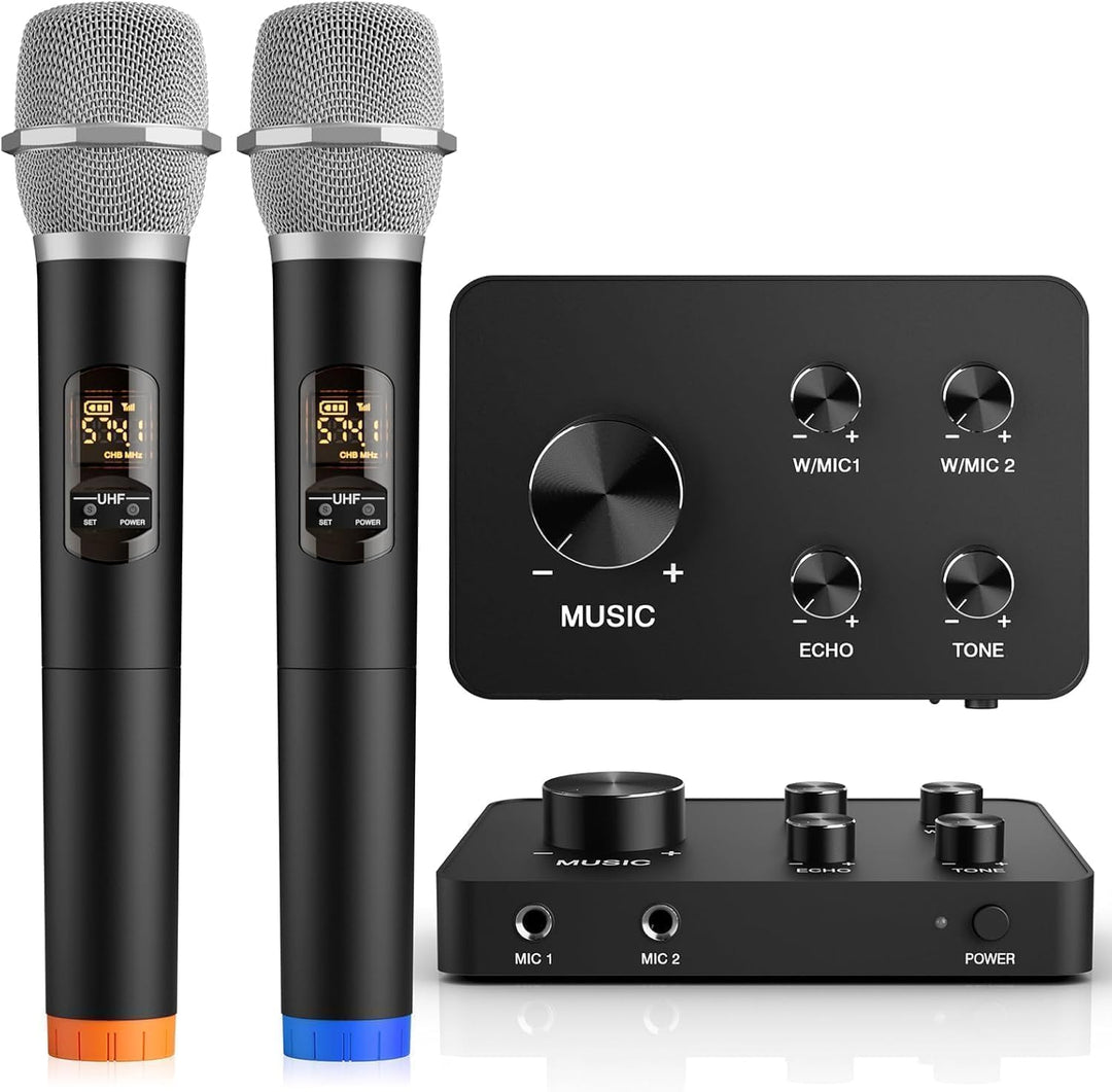 Mikrofon Kabellos Set UHF – Dual Karaoke Mikrofon Funkmikrofonen mit 2x8 Frequenzen, 100ft Reichweit