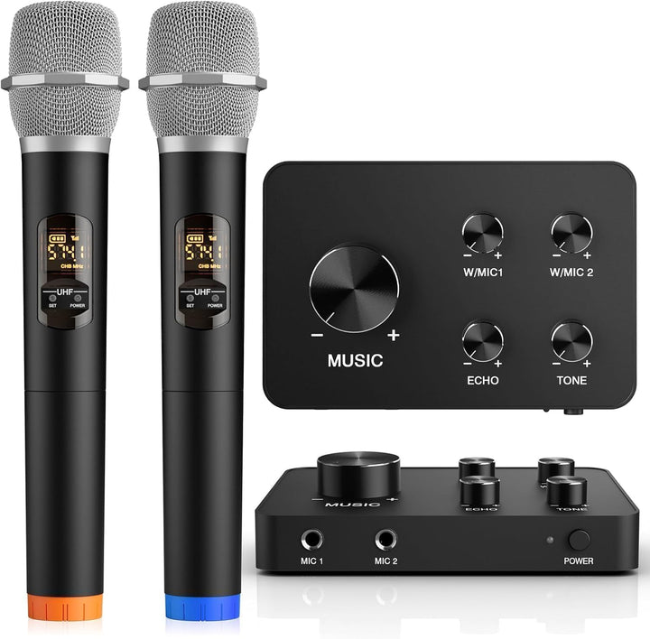 Mikrofon Kabellos Set UHF – Dual Karaoke Mikrofon Funkmikrofonen mit 2x8 Frequenzen, 100ft Reichweit