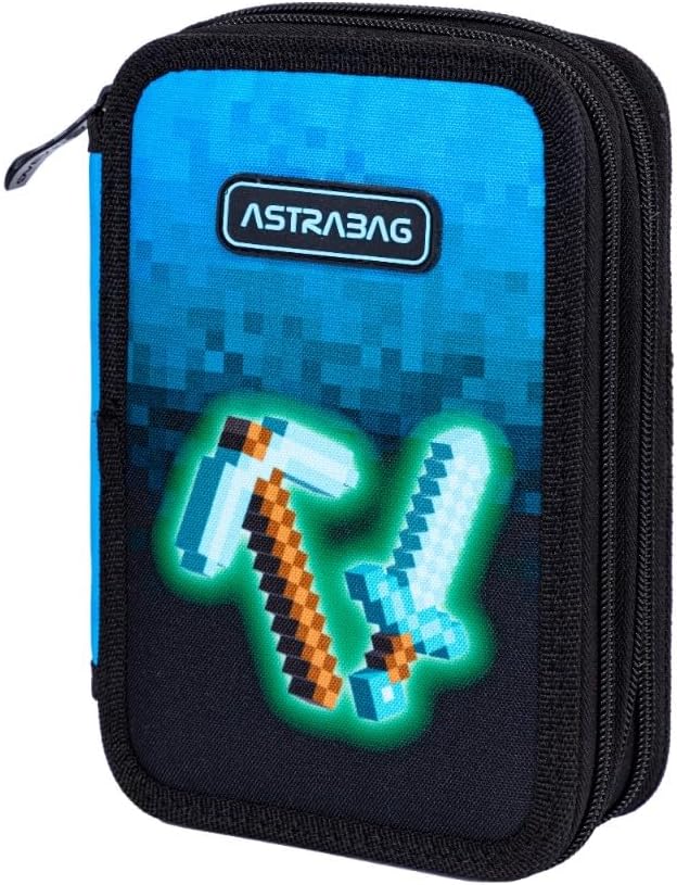 ASTRABAG Blue Pixel 3-Fach Mäppchen Federmappe Gefüllt dreifaches Federmäppchen, Schüleretui 3-stöck