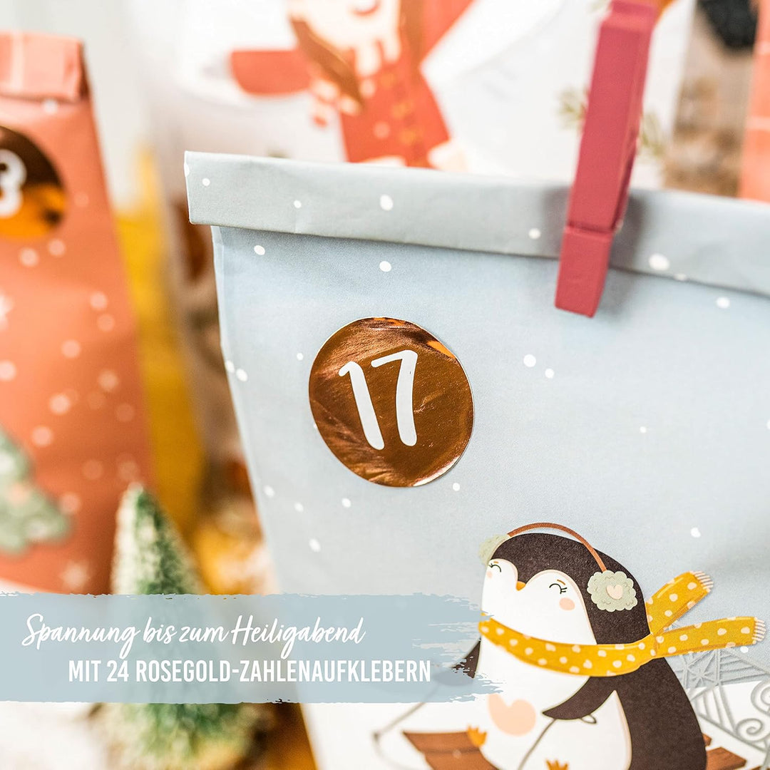 Papierdrachen Adventskalender 2025 zum Befüllen - 24 bedruckte Papiertüten in Eisblau & Rosa mit Zah