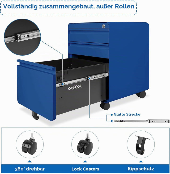Dripex Metall Rollcontainer Stahl Rollcontainer mit 3 Schubladen oder 2 Schubladen, Abschliessbarer