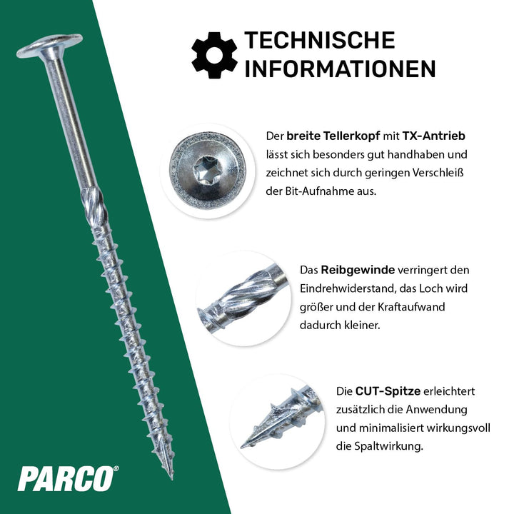 PARCO Tellerkopfschrauben 6 x 200 mm, 100 Stück TX30 Verzinkt, CUT-Spitze, Holzbauschrauben für Kons