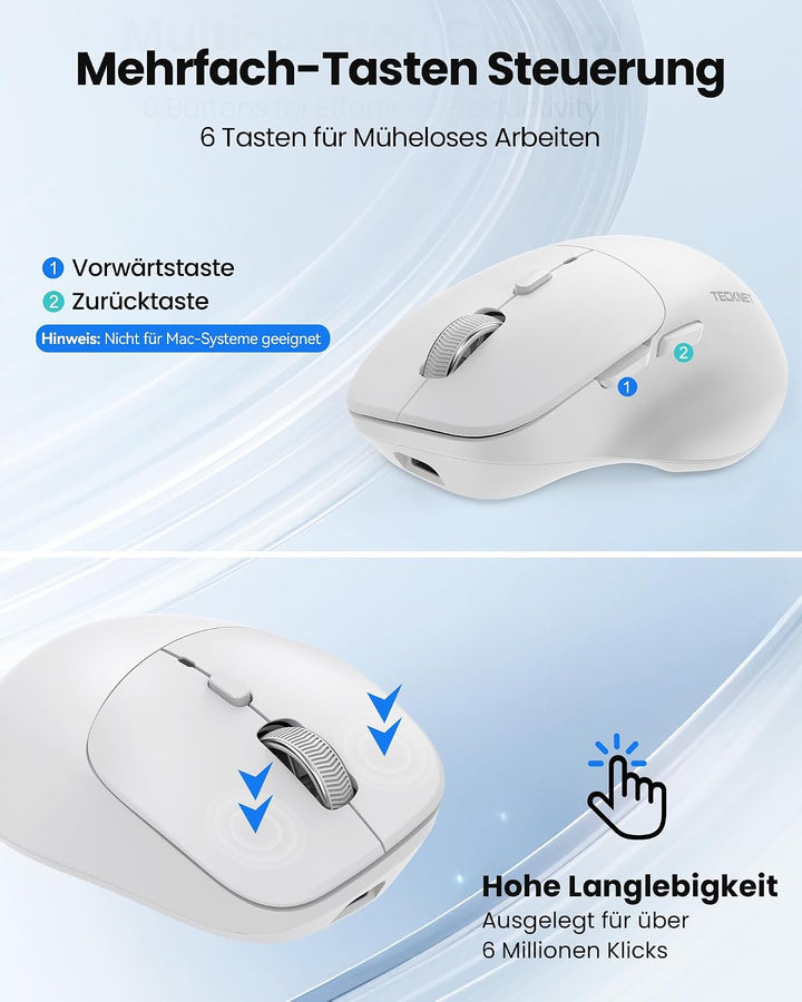 TECKNET Bluetooth Maus Wiederaufladbar, Ergonomische Daumenauflage | Tri-Modi: BT5.0/3.0 + 2.4G, 480
