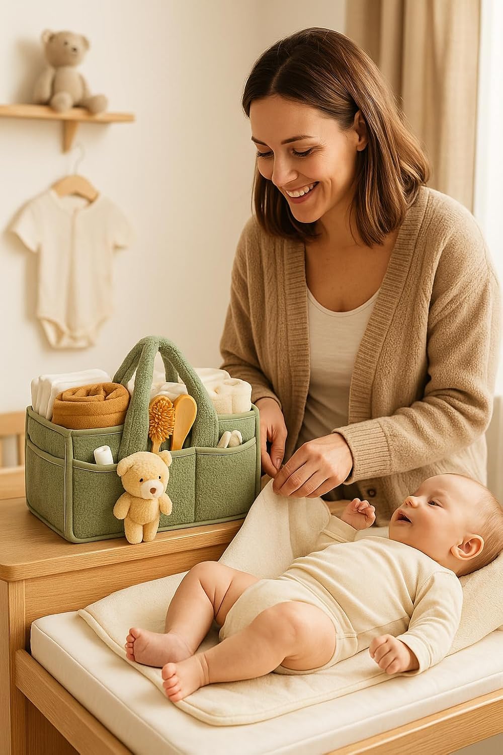 Baby-Windel-Organizer mit Teddy, grosser Windel-Aufbewahrungskorb mit Griffen und Fächern, Filz, Kin