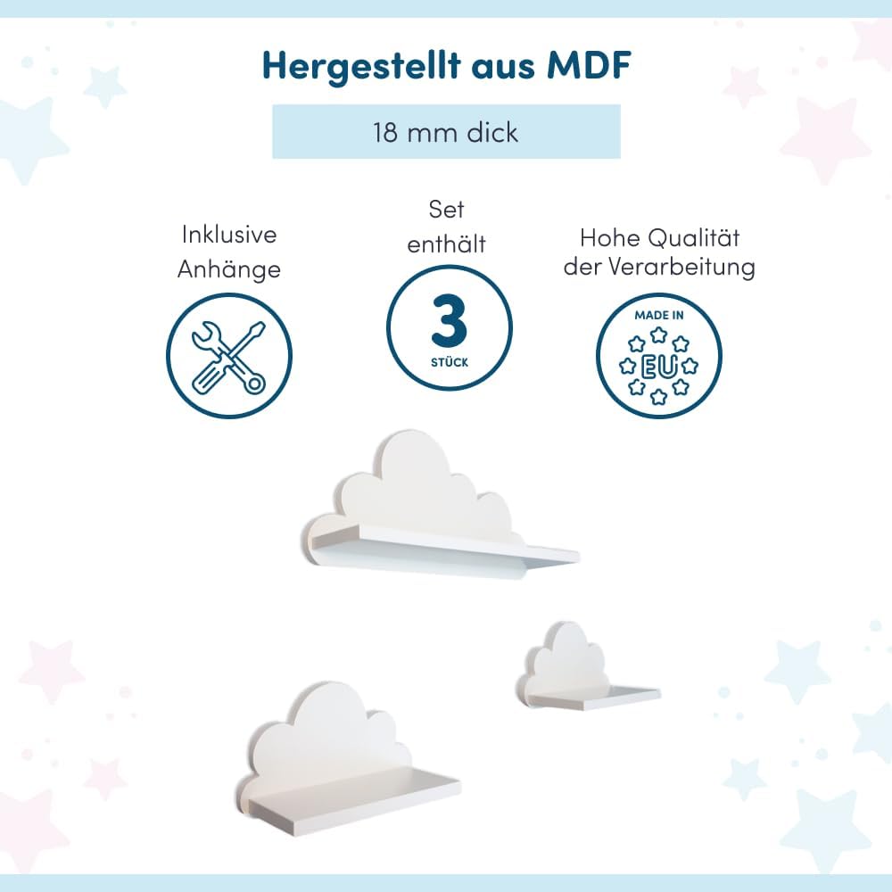3er Set Wandregal Kinderzimmer Weiss | Babyzimmer Wolkenregal für Bücher, Spielzeug, Dekoration | Re