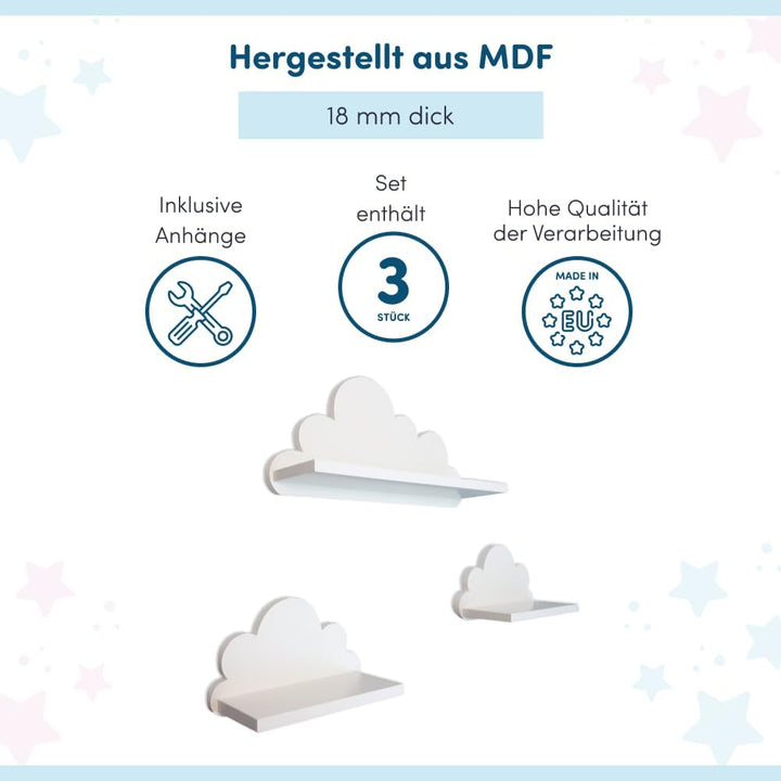 3er Set Wandregal Kinderzimmer Weiss | Babyzimmer Wolkenregal für Bücher, Spielzeug, Dekoration | Re