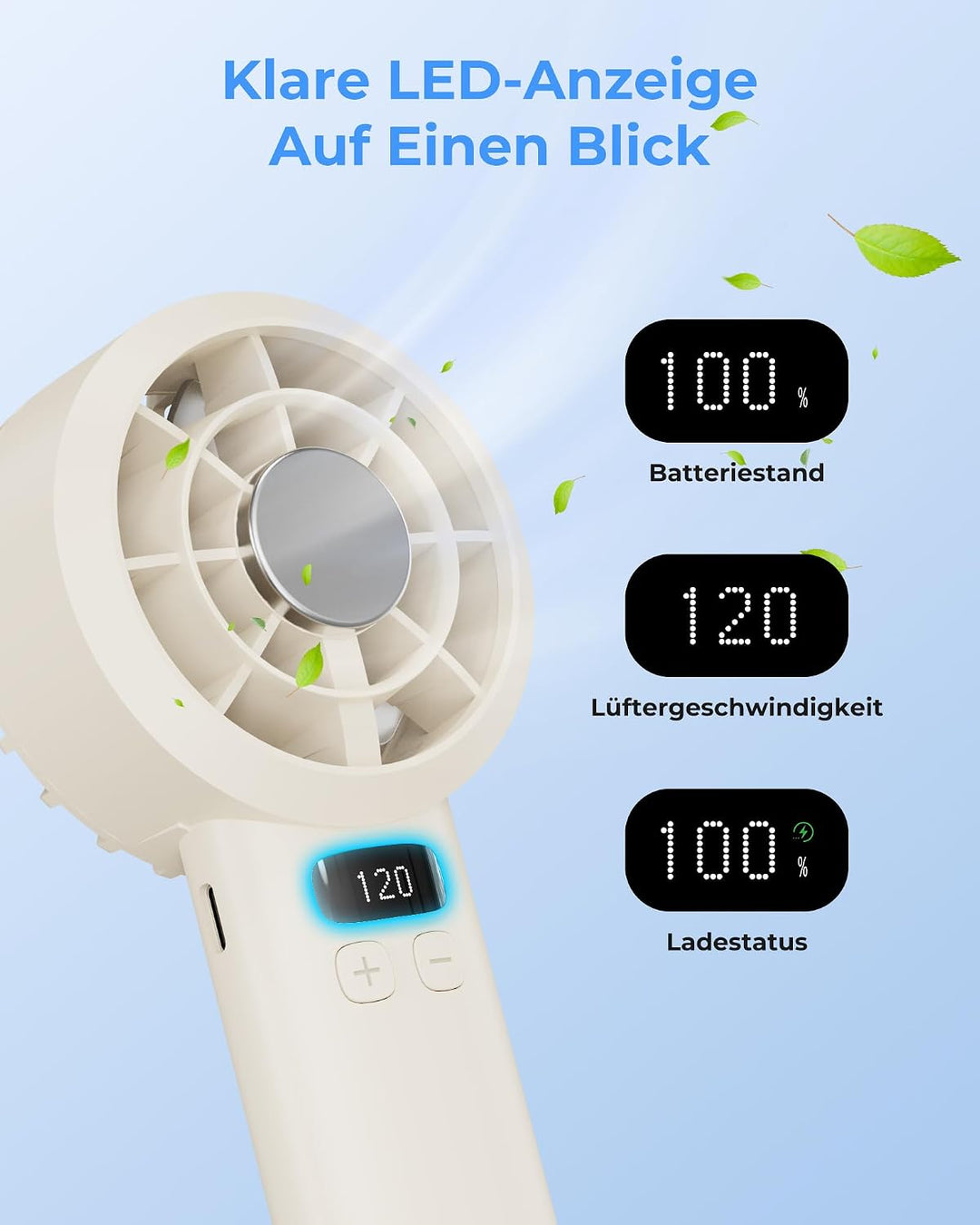 Handventilator - Mini Ventilator 3000mAh Handventilator Akku Aufladbar, 1-120 Stufen einstellbar mit