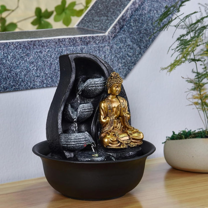 Zen Light Praya Zimmerbrunnen mit Pumpe und LED-Beleuchtung, Kunstharz, Gold Single, Single