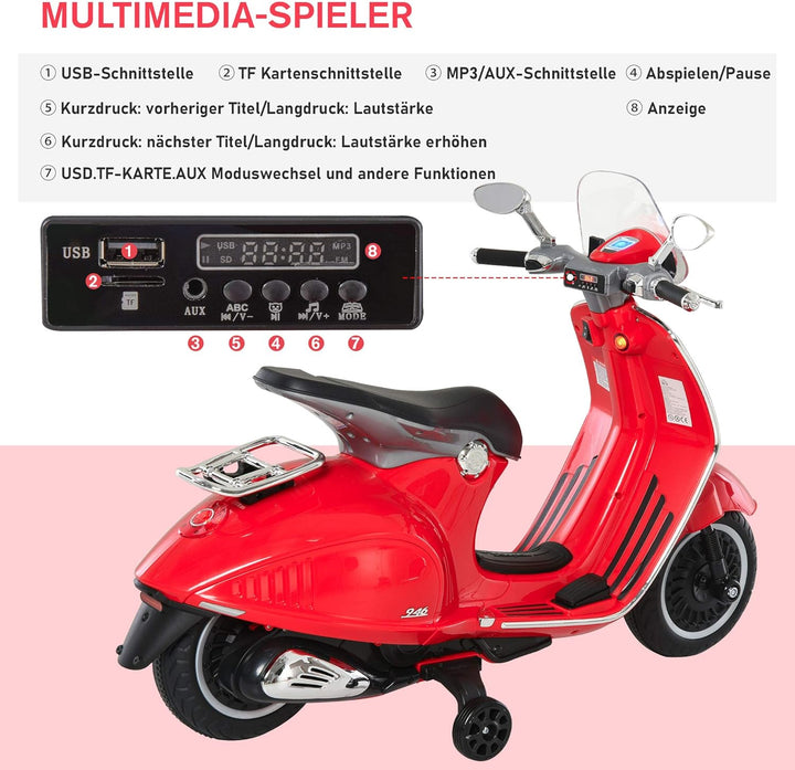 HOMCOM Elektro Kindermotorrad Elektromotorrad mit MP3, Musik, Scheinwerfer, Vor- und Rückwärtsgang,