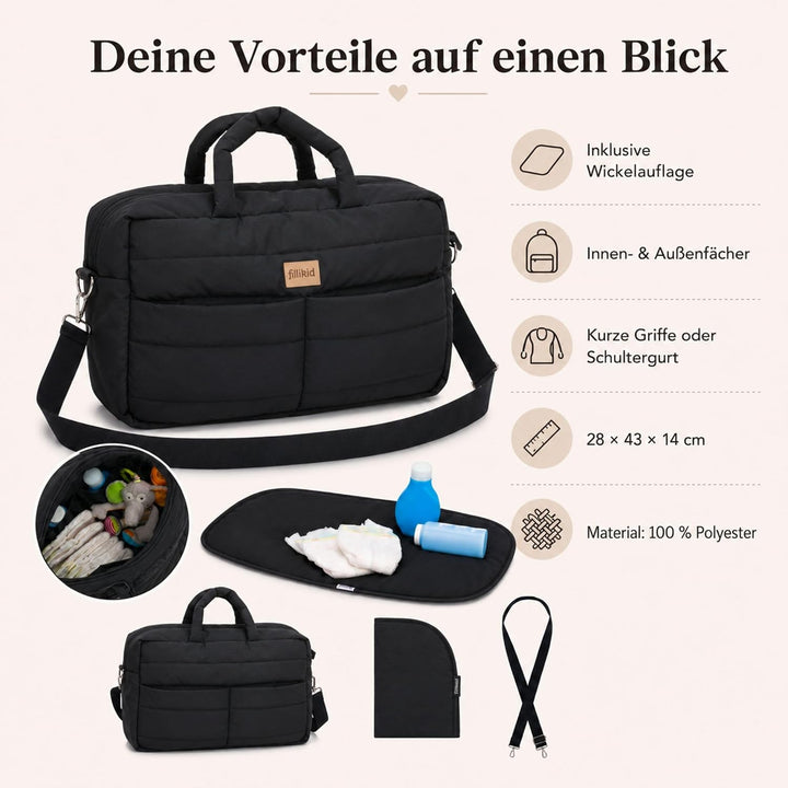 Fillikid Wickeltasche Toulouse Exklusiv | Inkl. Wickelauflage | Grosse Windeltasche mit Schultergurt