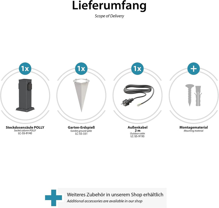 ledscom.de Garten-Steckdosen-Säule Polly mit Erdspiess und 2m Kabel für aussen, IP44, 2-Fach, anthra